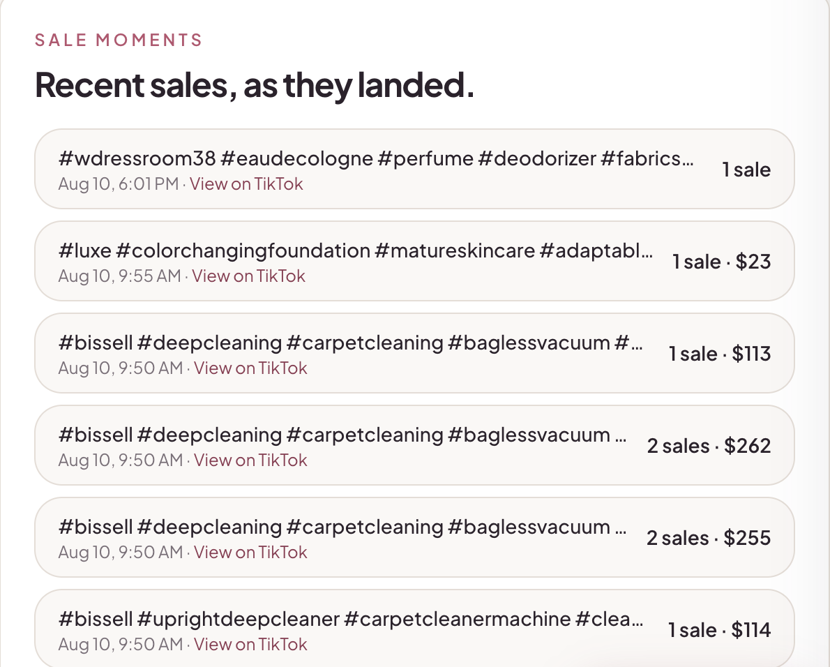 Recent sales feed with timestamps, linked to the videos that drove each sale